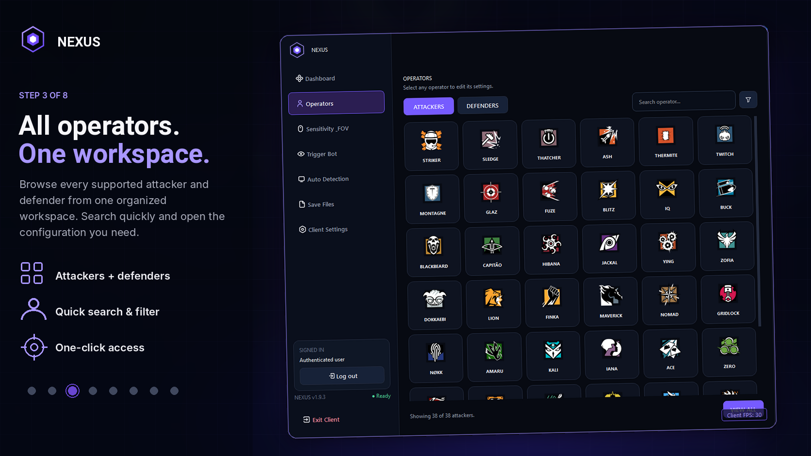 Current NEXUS operator selection workspace